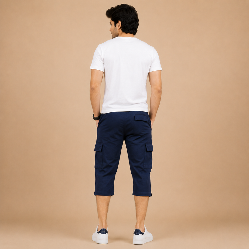 Men's Navy Blue Summer Three Quarter Cargo Shorts – Soft Cotton Casual Capri with Side Pockets