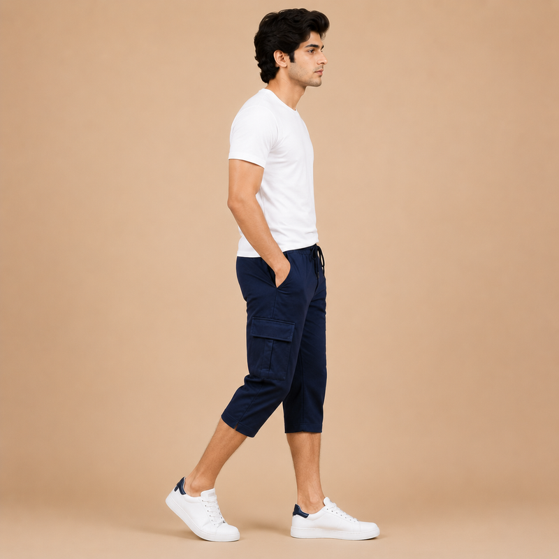 Men's Navy Blue Summer Three Quarter Cargo Shorts – Soft Cotton Casual Capri with Side Pockets