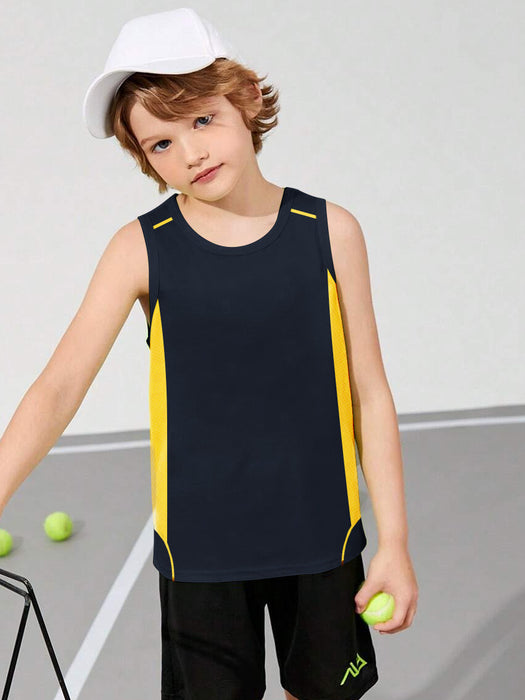 Cloke Active Wear Sleeveless T-Shirt For Kids-Navy & Yellow-BR13606