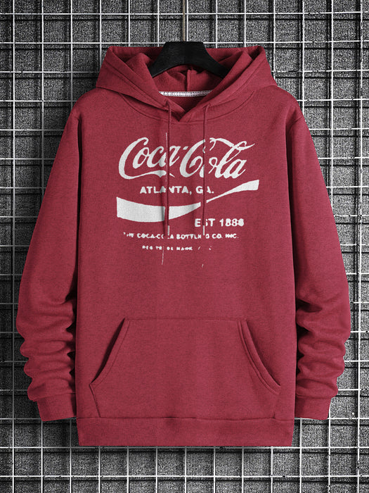 Coca Cola Fleece Pullover Hoodie For Men-Red Melange-BR14355