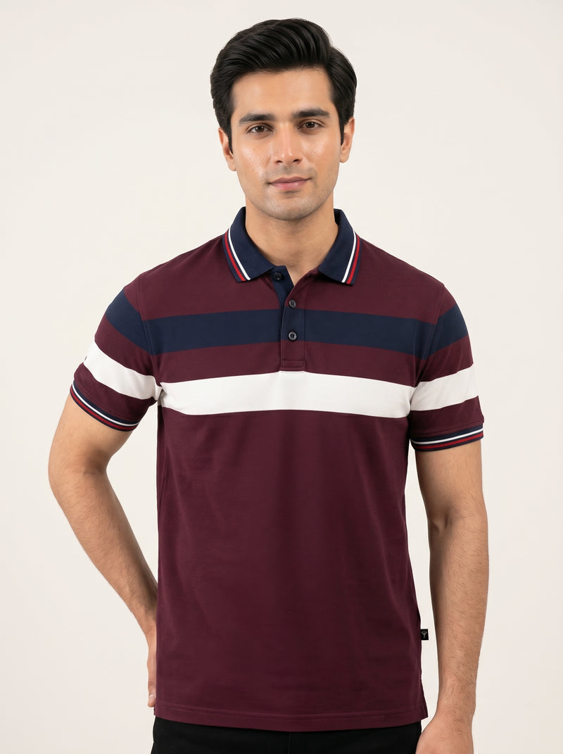 Summer Active Wear Polo Shirt For Men-Maroon with Stripe-BR13745