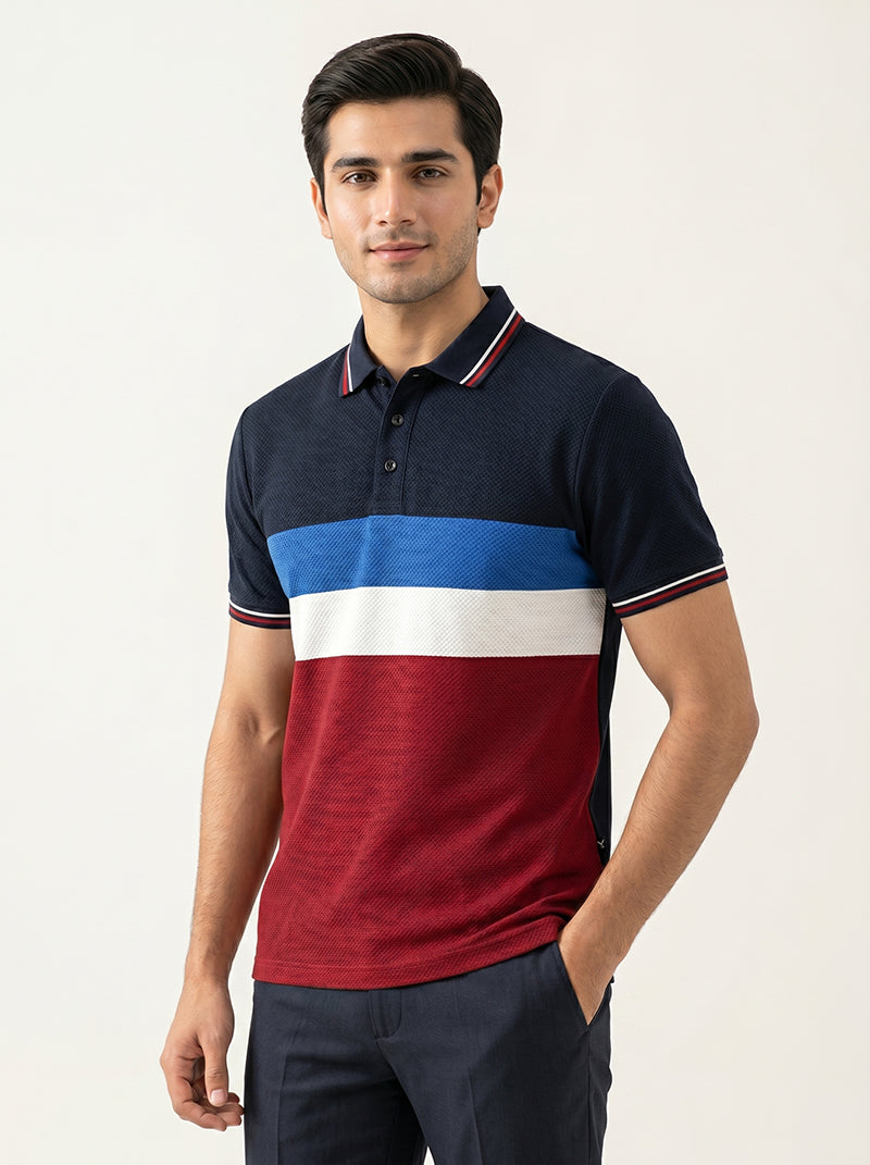 Summer Active Wear Polo Shirt For Men-Dark Navy with Red & White, Blue Panels-BR13556