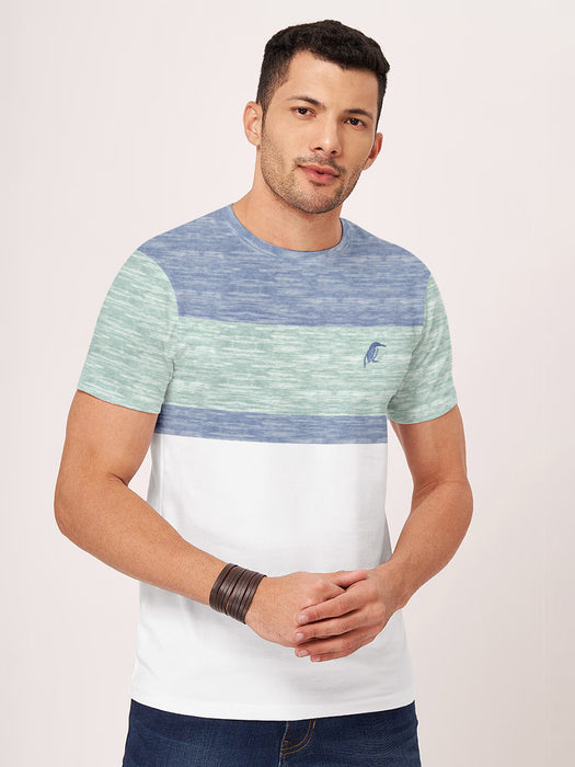 Cxly Single Jersey Crew Neck Tee Shirt For Men-White with Blue & Green Panels-BR13299