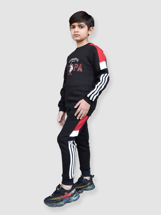 U.S Polo Assn Fleece Tracksuit For Kids-Black With Red-BR909