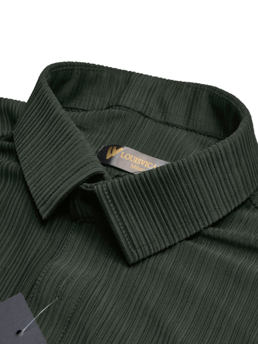 Louis Vicaci Super Stretchy Slim Fit Long Sleeve Summer Formal Casual Shirt For Men-Dark Green Wrinkle-RT2515