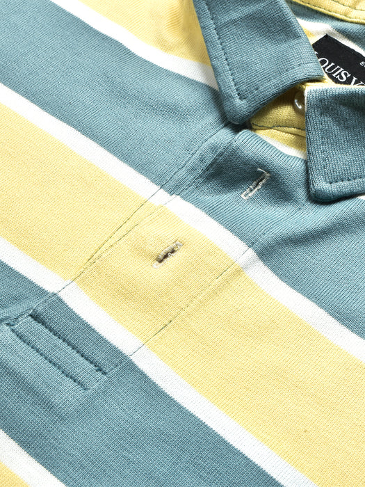 Louis Vicaci Long Sleeve Polo Shirt For Men-Light Yellow & Cyan Green Stripe-BR777