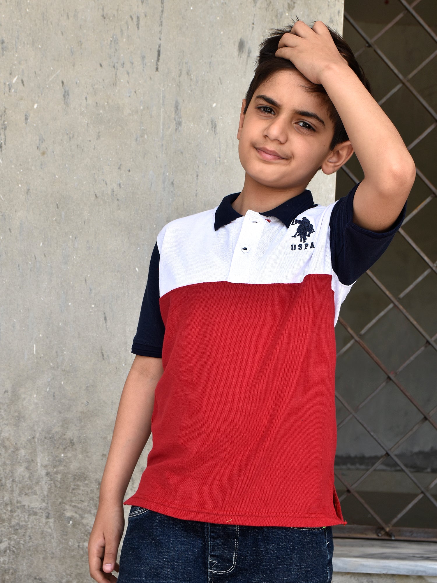 USPA Half Sleeve P.Q Polo Shirt For Kids-White & Red-RT1960