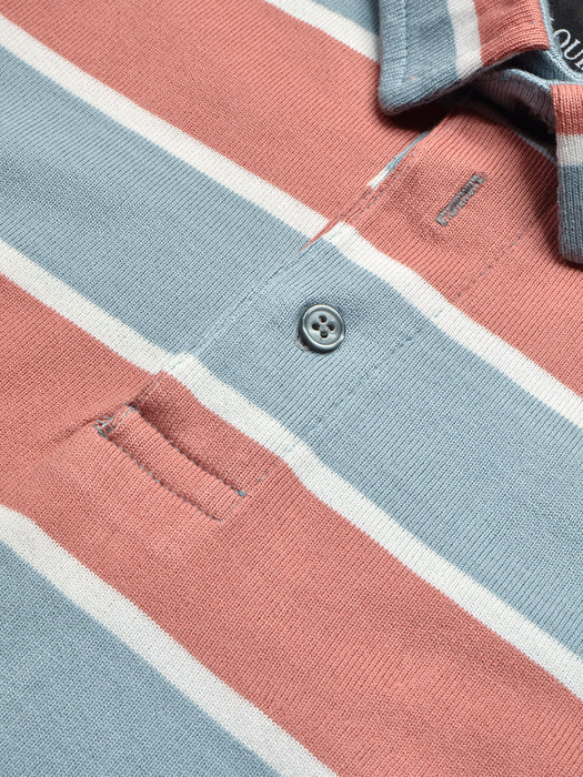 Louis Vicaci Long Sleeve Polo Shirt For Men-Orange with Slate Blue Stripe-BR782