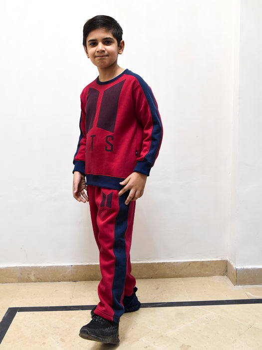BTS Fleece Tracksuit For Kids-Dark Red with Navy Panels-BR879