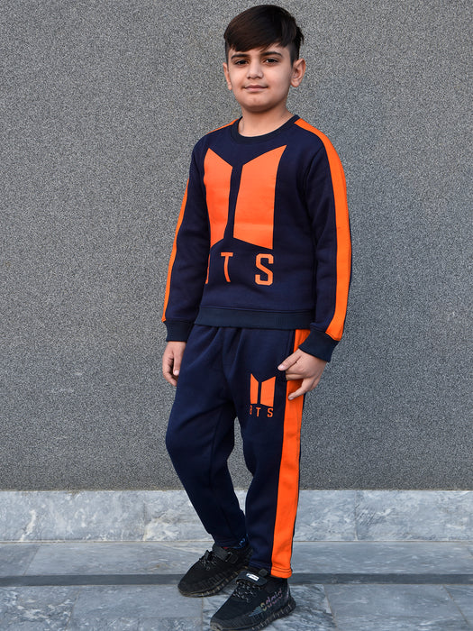 BTS Fleece Tracksuit For Kids-Dark Navy & Orange Panels-BR989