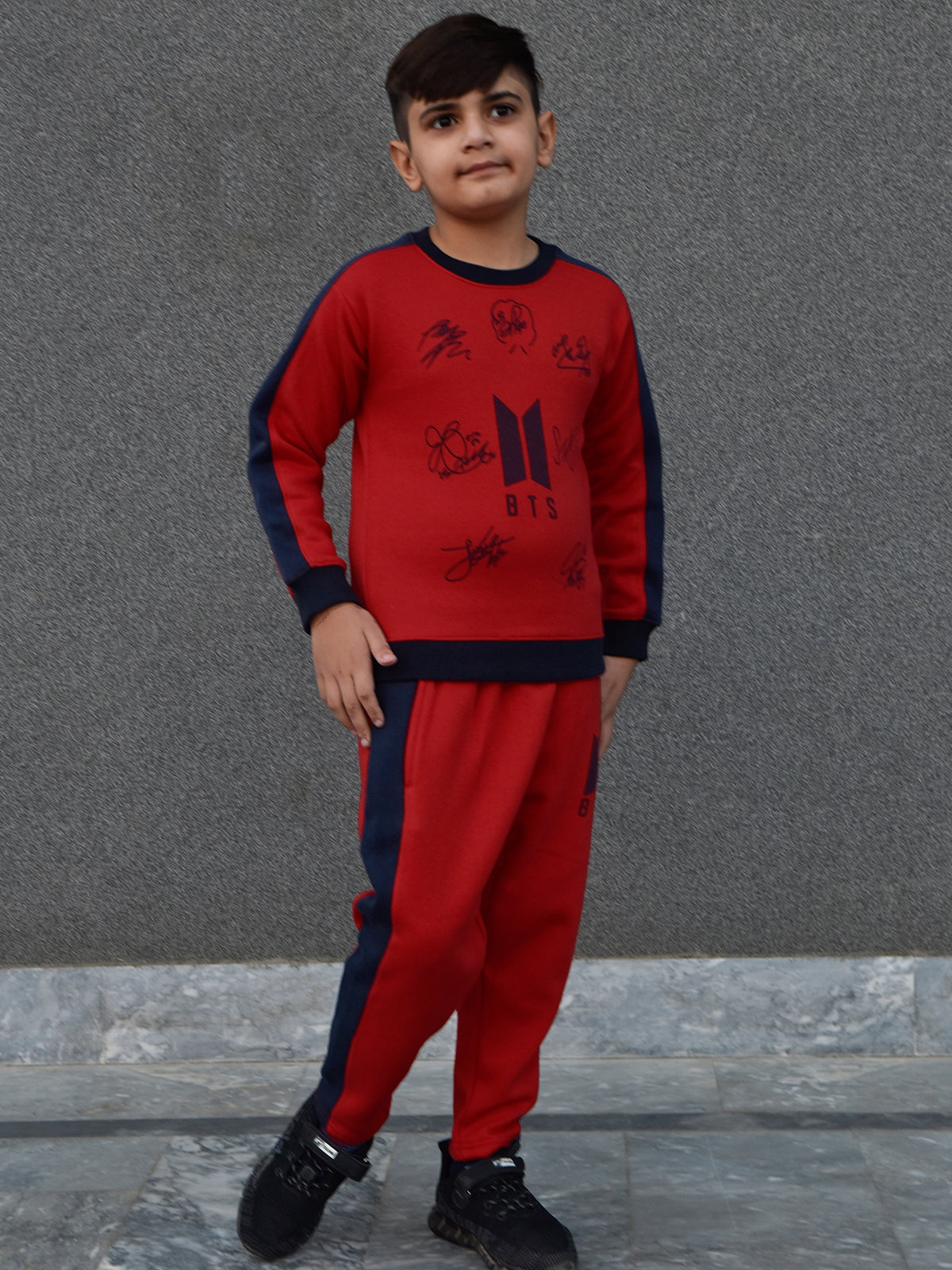 BTS Fleece Tracksuit For Kids-Red with Navy Panels-BR880
