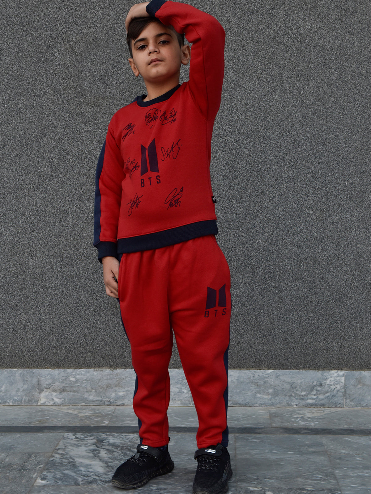 BTS Fleece Tracksuit For Kids-Red with Navy Panels-BR880