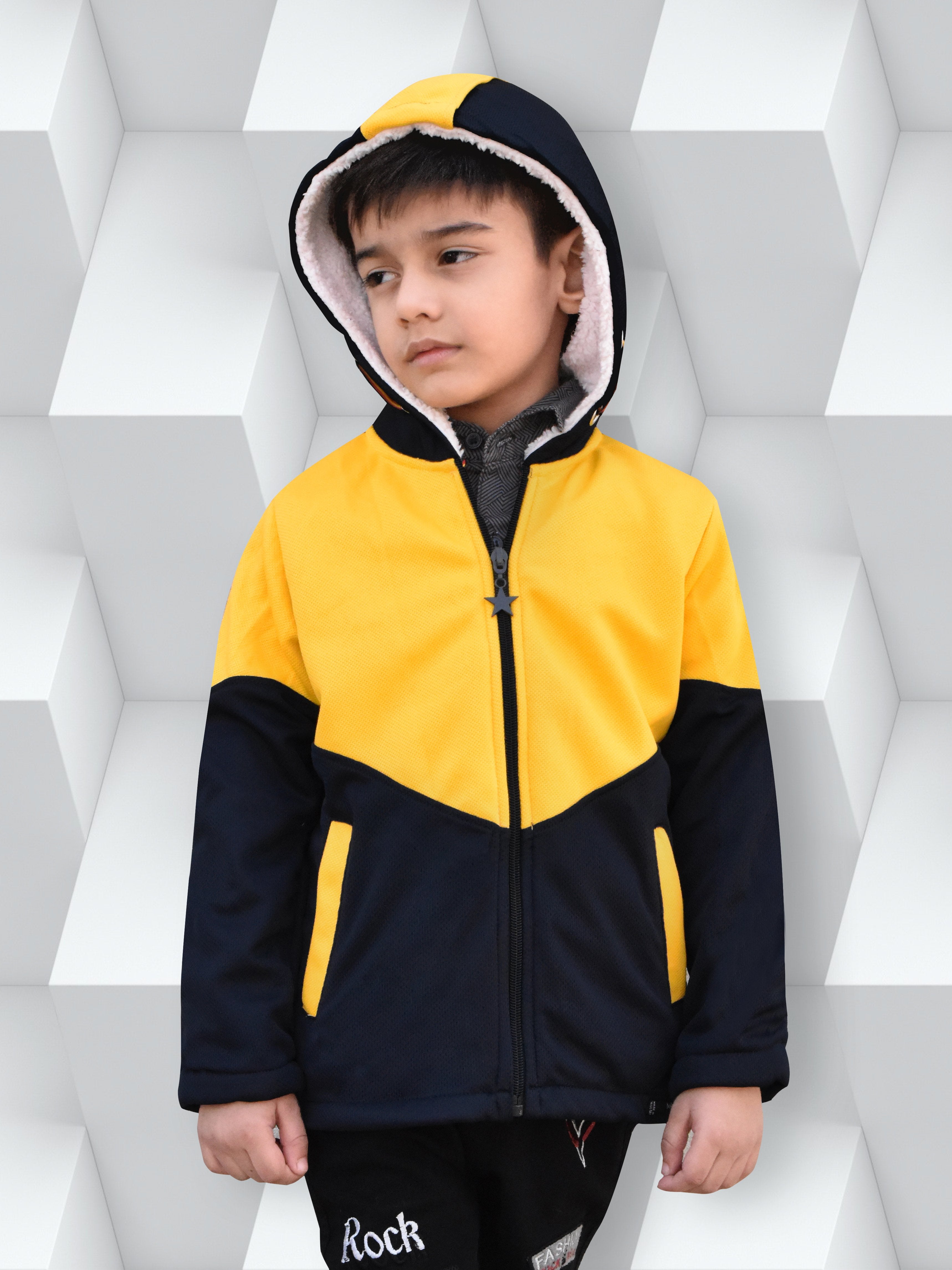Mango Stylish Inner Fur Zipper Hoodie For Kids-Dark Navy With Yellow-BR952