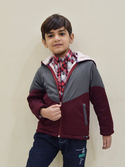 Mango Stylish Inner Quilted Fur Zipper Hoodie For Kids-Slate Grey & Maroon-BR948