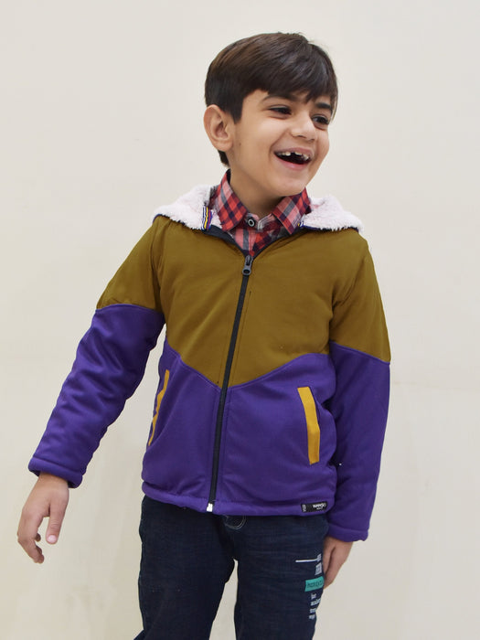 Mango Stylish Inner Fur Zipper Hoodie For Kids-Purple & Dark Camel-BR955