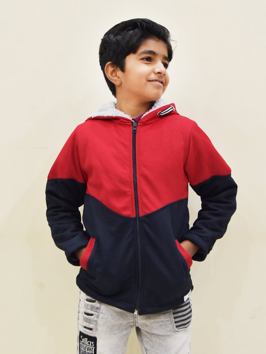 Mango Stylish Inner Quilted Fur Zipper Hoodie For Kids-Navy & Red-BR946