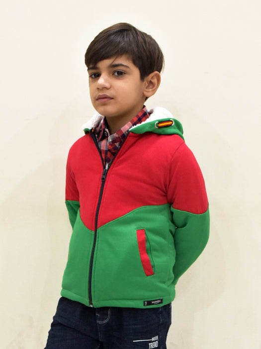 Mango Stylish Inner Fur Zipper Hoodie For Kids-Green & Red-BR945