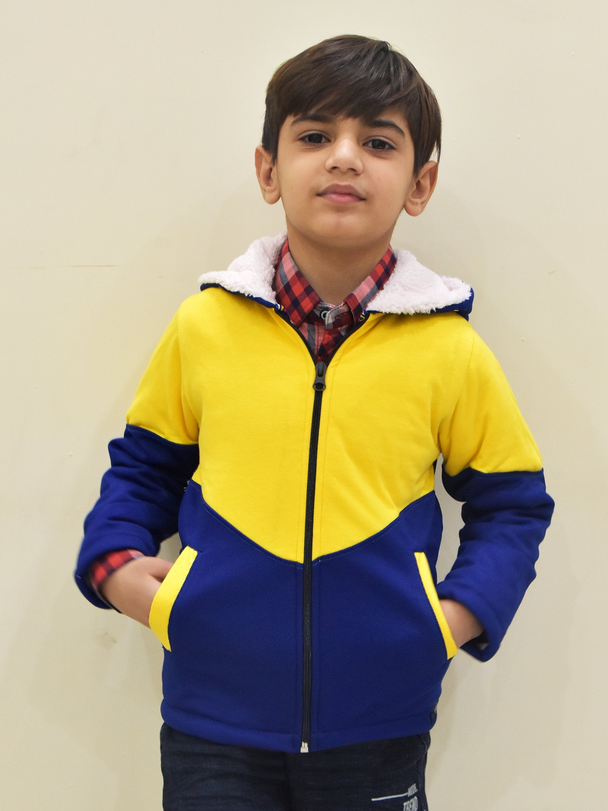 Mango Stylish Inner Fur Zipper Hoodie For Kids-Yellow & Royal Blue-BR964