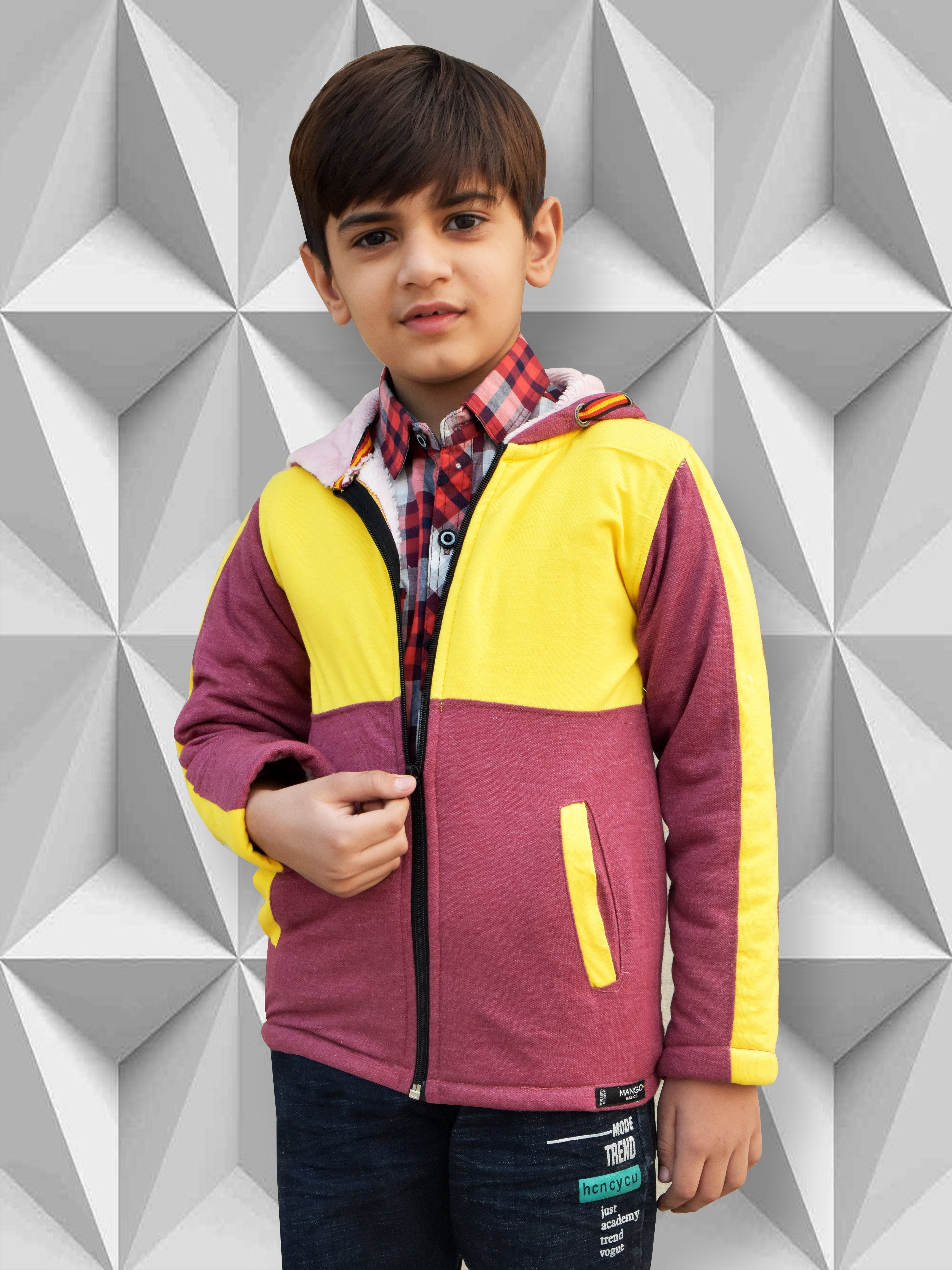 Mango Stylish Inner Fur Zipper Hoodie For Kids-Yellow & Burgundy-BR561