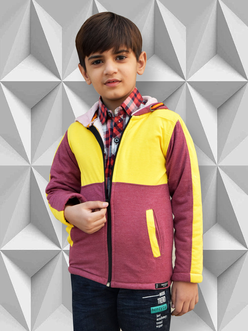 Mango Stylish Inner Fur Zipper Hoodie For Kids-Yellow & Burgundy-BR561