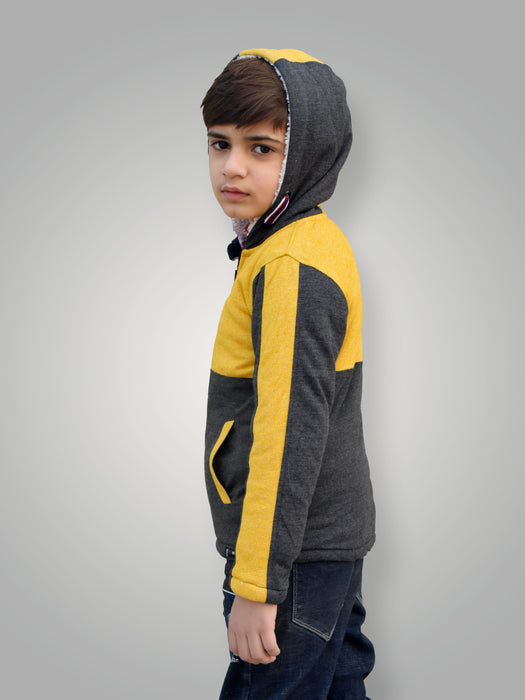 Mango Stylish Inner Fur Zipper Hoodie For Kids-Yellow Melange & Charcoal Melange-BR944