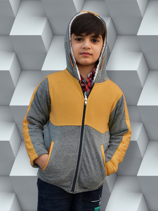 Mango Stylish Inner Fur Zipper Hoodie For Kids-Yellow with Grey Melange-BR1097