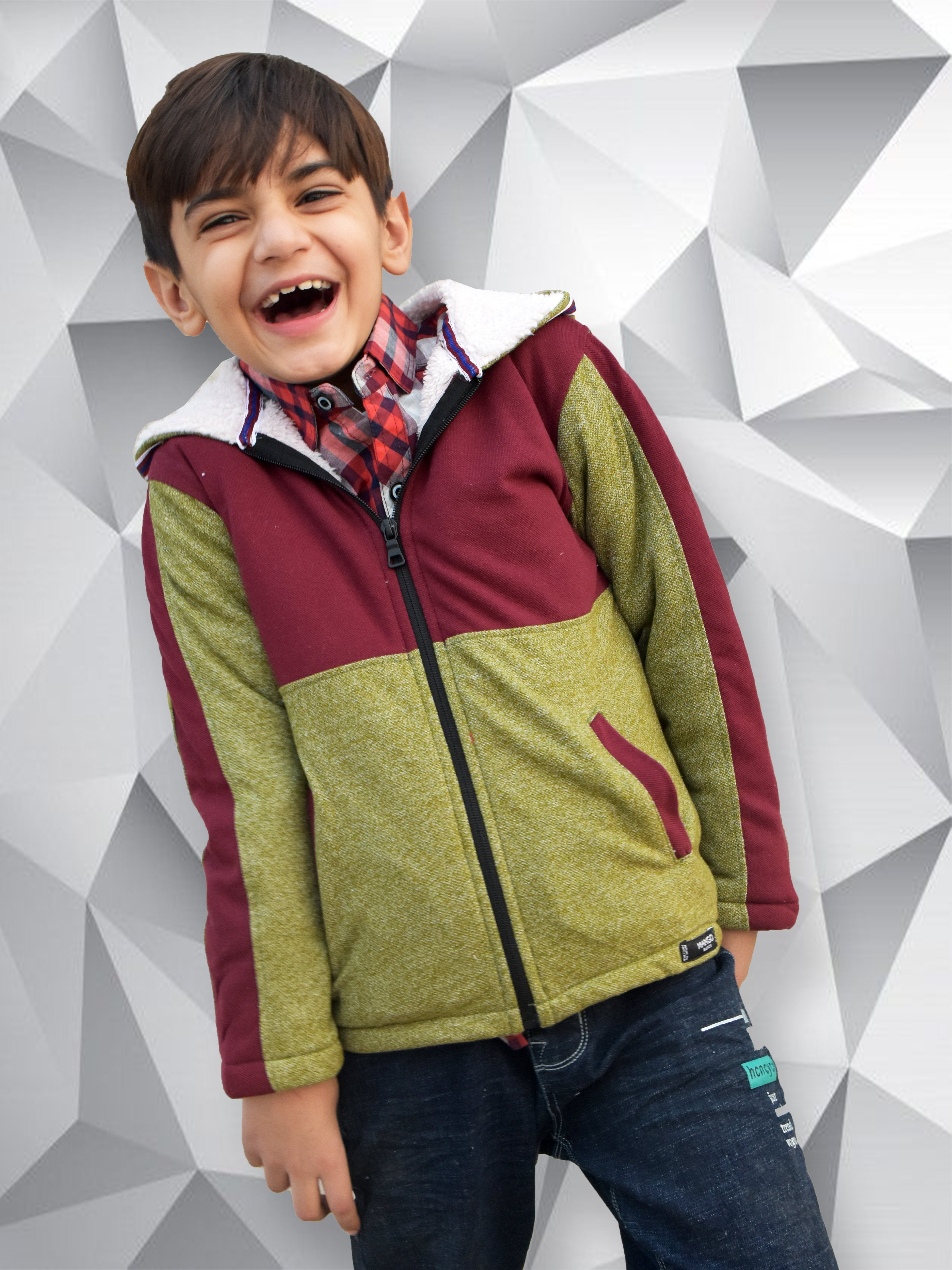 Mango Stylish Inner Fur Zipper Hoodie For Kids-Green Melange & Burgundy-BR957