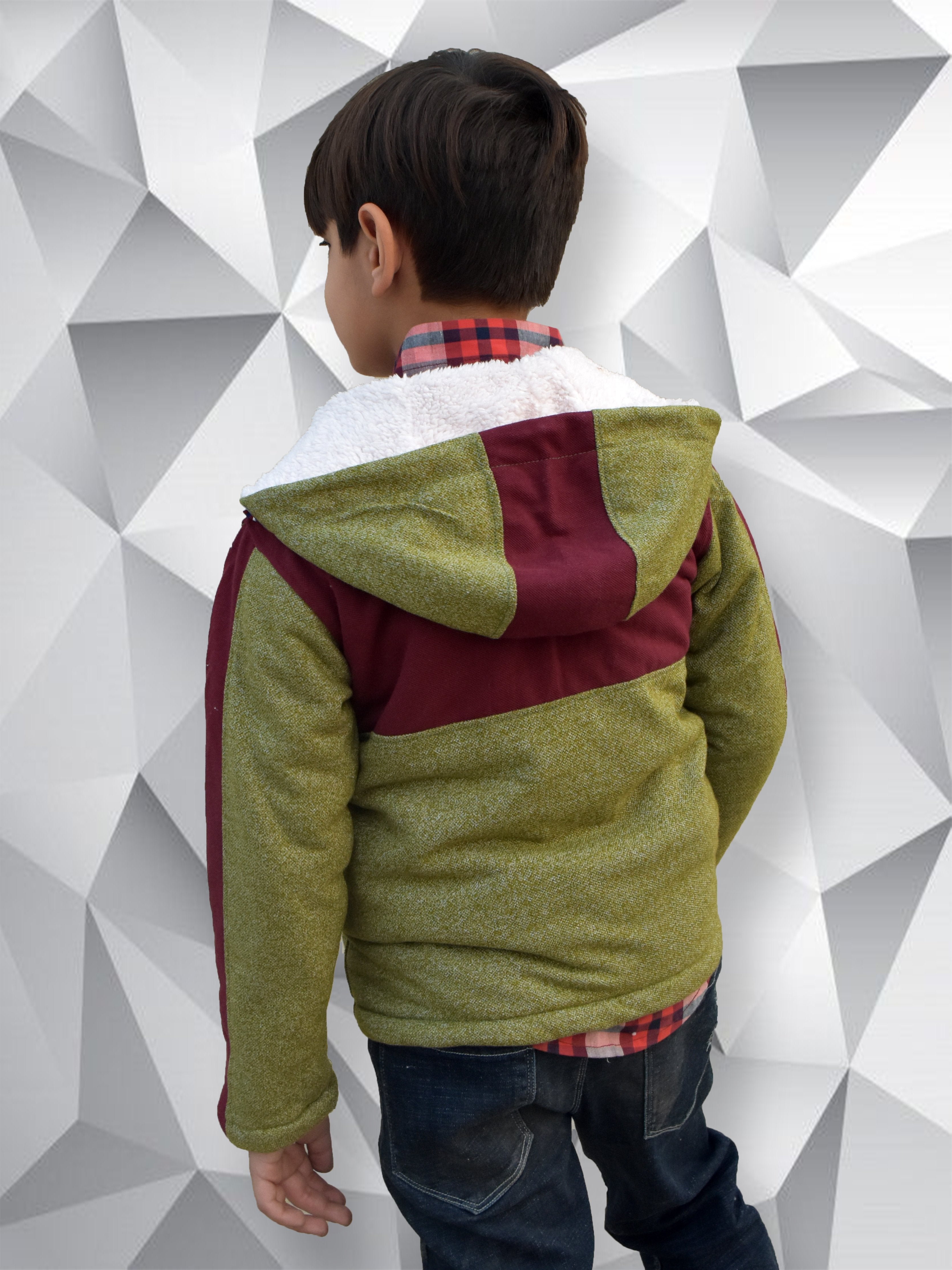 Mango Stylish Inner Fur Zipper Hoodie For Kids-Green Melange & Burgundy-BR957