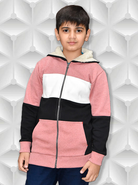 NXT Inner Hood Fur Fleece Full Zipper Hoodie For Kids-Pink with Black-BR14424