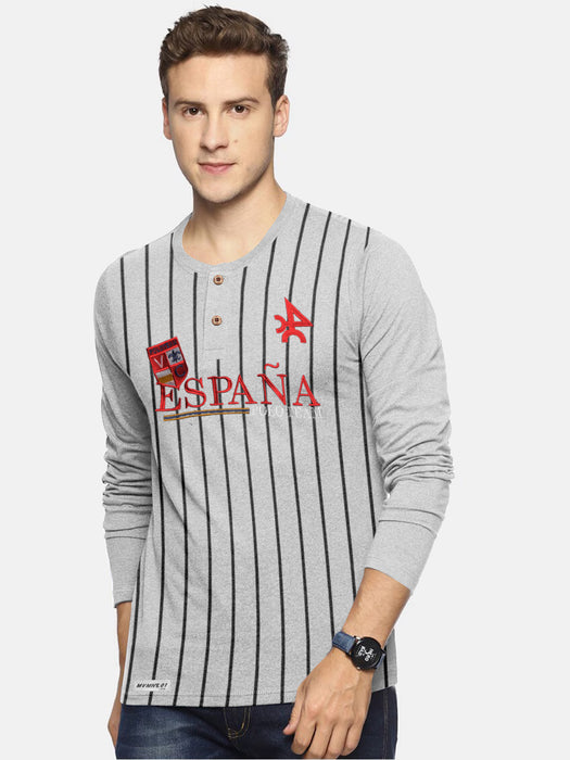 Espana Henley Long Sleeve Tee Shirt For Men-Grey Melange with Lining-BR13450