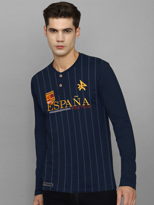 Espana Henley Long Sleeve Tee Shirt For Men-Navy with Lining-BR13442