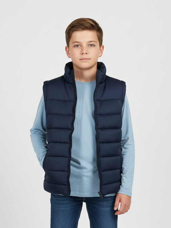 Stylish Sleeveless Winter Zipper Mockneck Jacket For Kids-Dark Navy-RSJ01