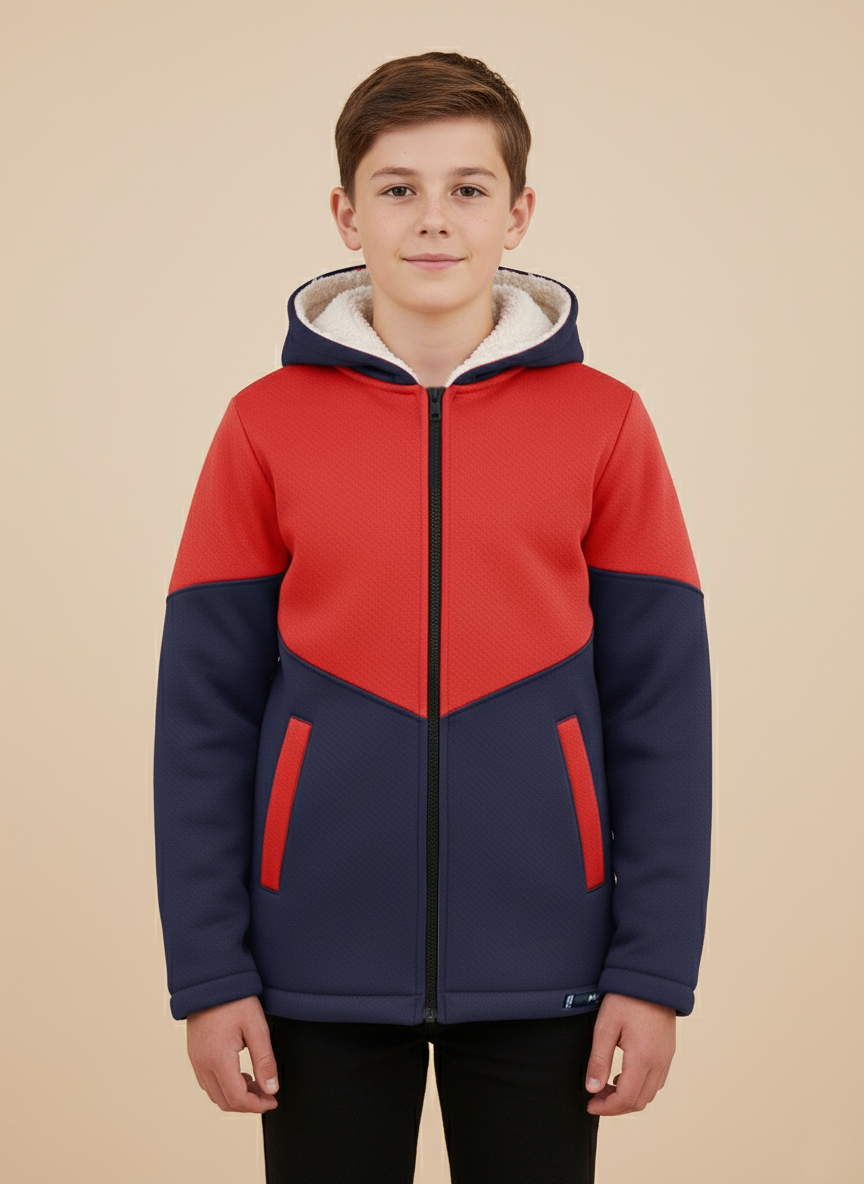 Mango Stylish Inner Fur Zipper Hoodie For Kids-Red & Navy-MZH05