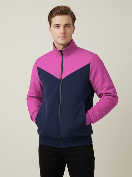 Stylish Winter Zipper Mockneck Jacket For Men-Pink & Dark Navy-BRPH26