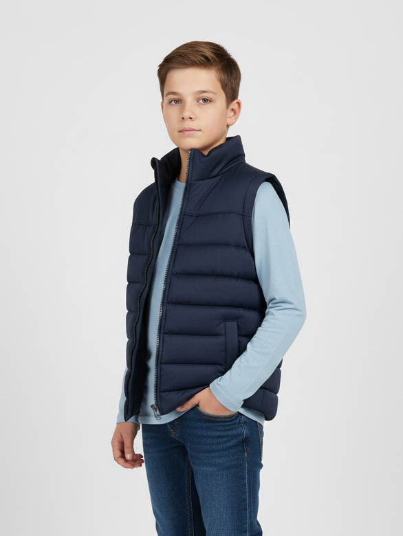 Stylish Sleeveless Winter Zipper Mockneck Jacket For Kids-Dark Navy-RSJ01
