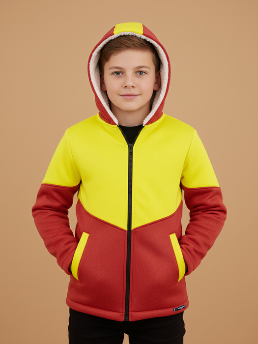 Mango Stylish Inner Fur Zipper Hoodie For Kids-Yellow & Red-MZH03