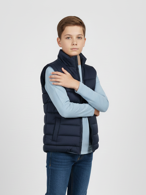 Stylish Sleeveless Winter Zipper Mockneck Jacket For Kids-Dark Navy-RSJ01