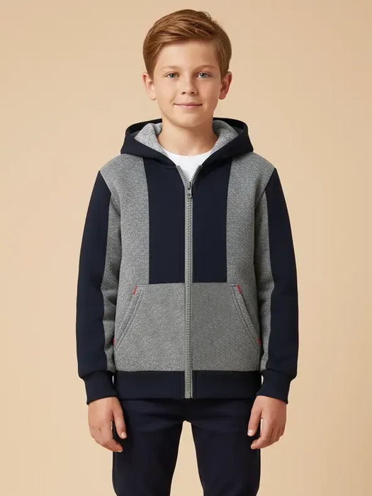 NXT Inner Fur Hood Fleece Full Zipper Hoodie For Kids-Navy & Grey Melange Panels-BE2515/BR14514