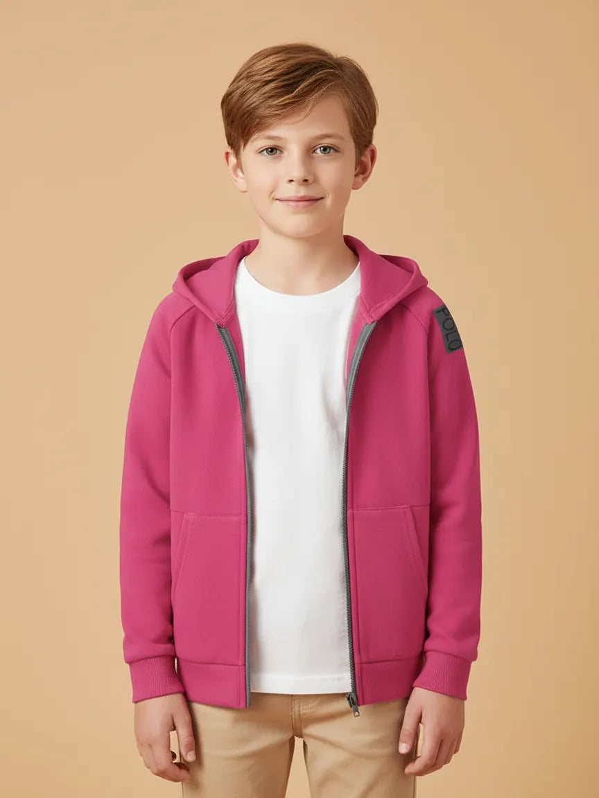 Nyc Polo Fleece Zipper Hoodie For Kids-Pink with Navy Panels-BE2777
