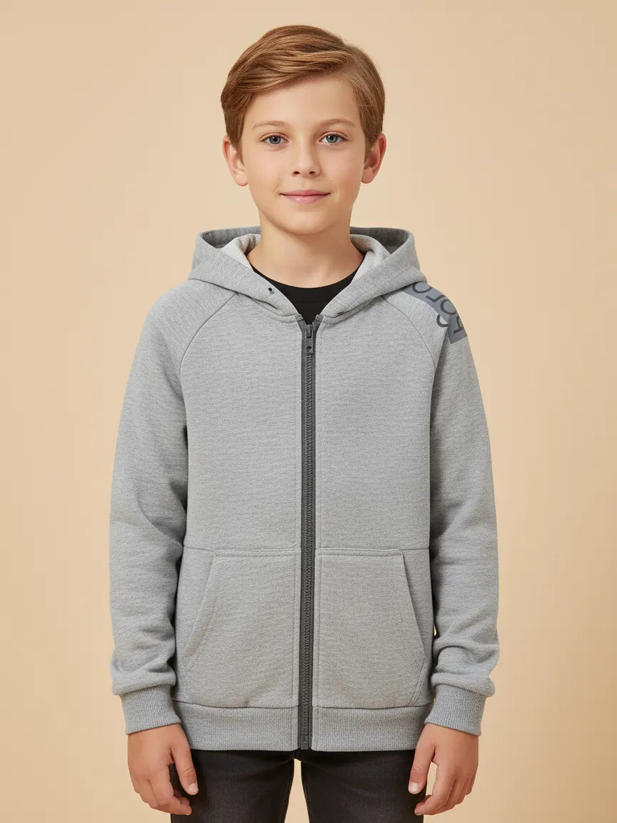 Nyc Polo Fleece Zipper Hoodie For Kids-Grey Melange-BE2775