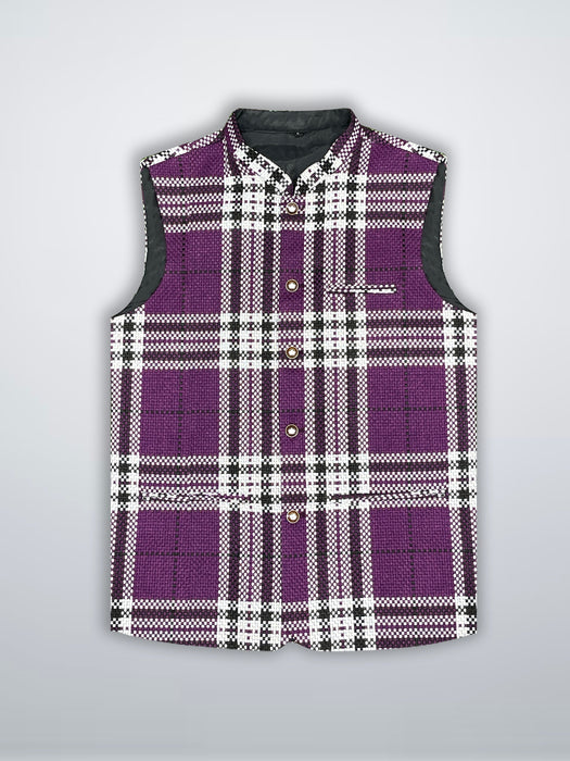 Men’s Premium Checkered Tweed Waistcoat Purple & White-WC01