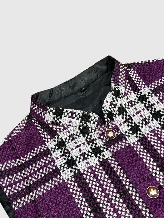 Men’s Premium Checkered Tweed Waistcoat Purple & White-WC01