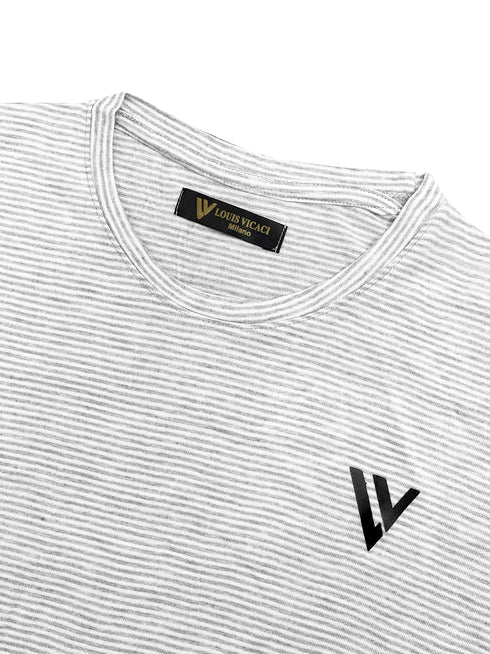 Louis Vicaci Crew Neck Striper Tee Shirt For Men-White & Grey-RT2011