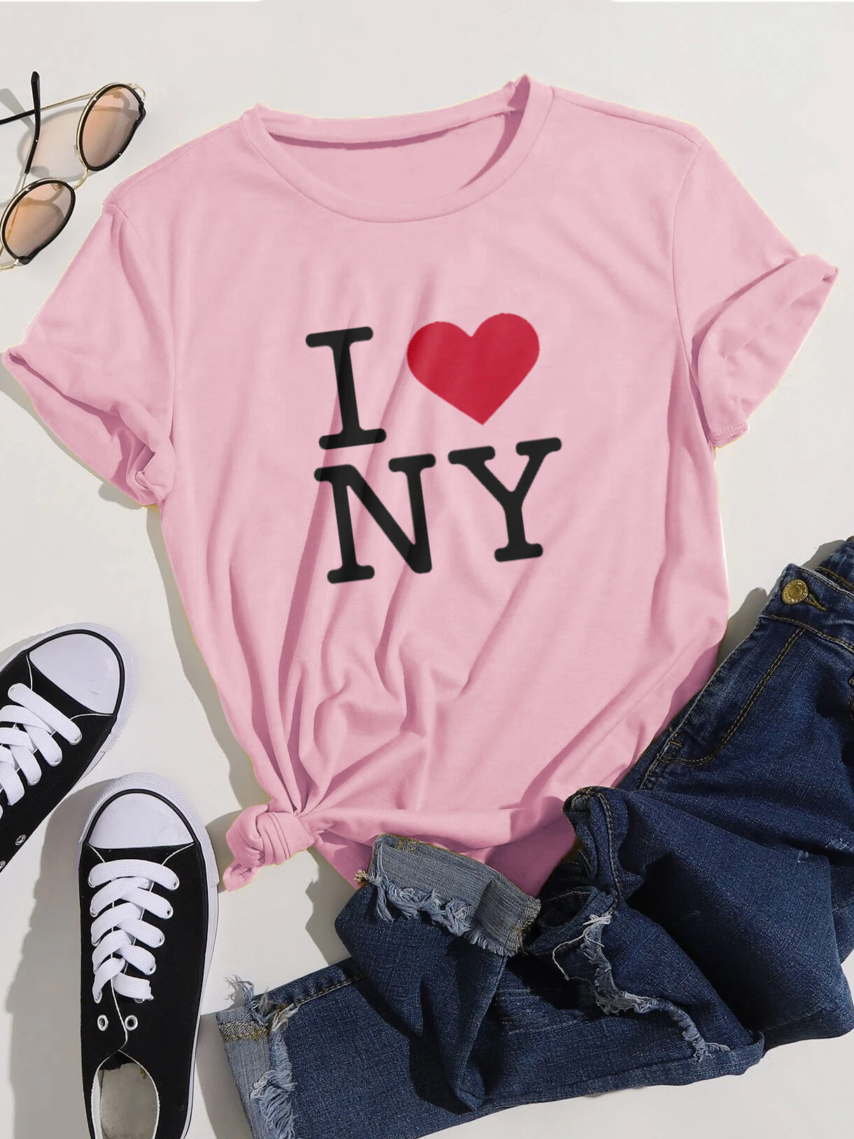 INY Single Jersey Crew Neck Tee Shirt For Women-Pink-BR13502