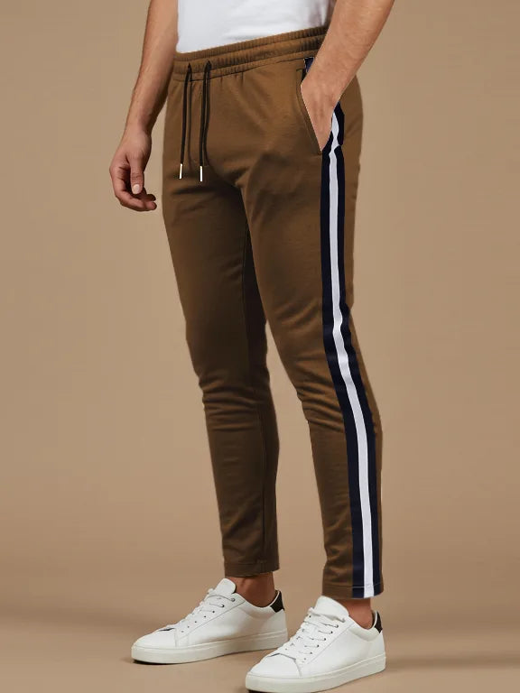 Louis Vicaci Slim Fit Active Wear Summer Trouser For Men-Brown with Navy & White Stripes-SP2511