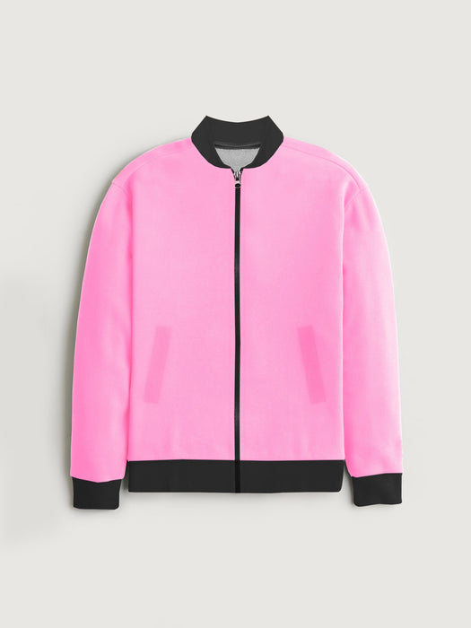 Premium Zipper Fur Bomber Jacket For Women-Pink-RT1115