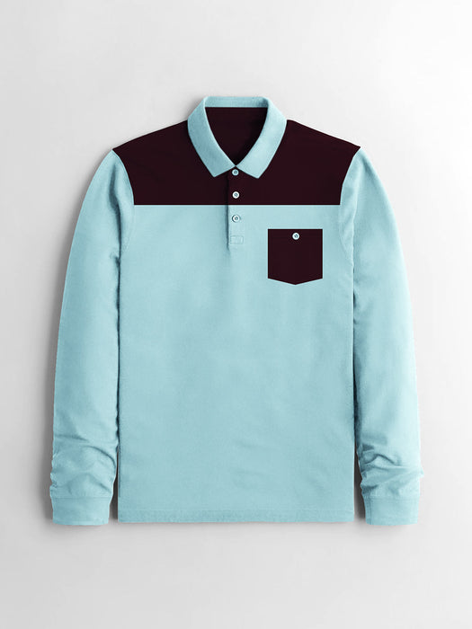 Louis Vicaci Long Sleeve Polo For Men-Light Cyan Green with Maroon-BR893