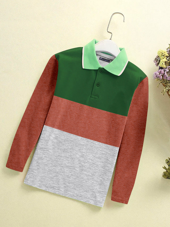 Champion Single Jersey Long Sleeve Polo Shirt For Kids-Green with Brown & Grey Melange Panels-RT979