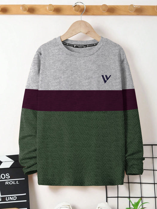 LV Crew Neck Long Sleeve Thermal Tee Shirt For Kids-Grey with Maroon & Dark Green-BR13218