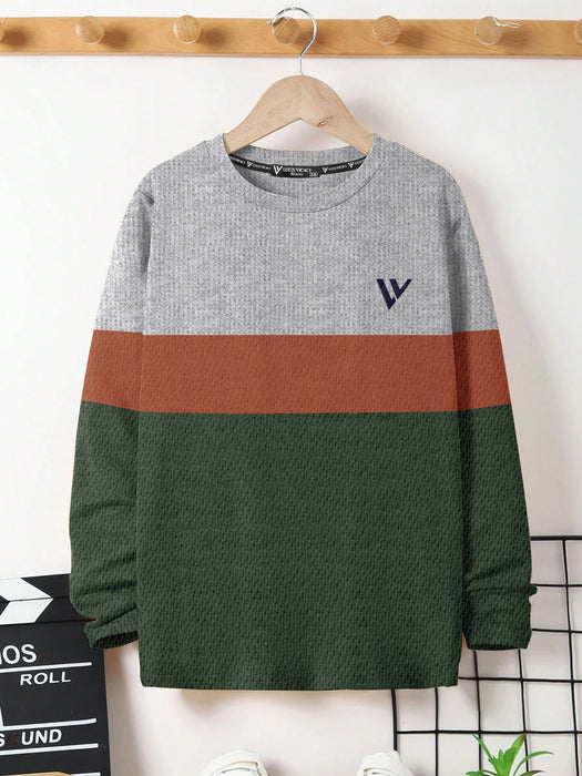 LV Crew Neck Long Sleeve Thermal Tee Shirt For Kids-Grey with Orange & Green-BR13220